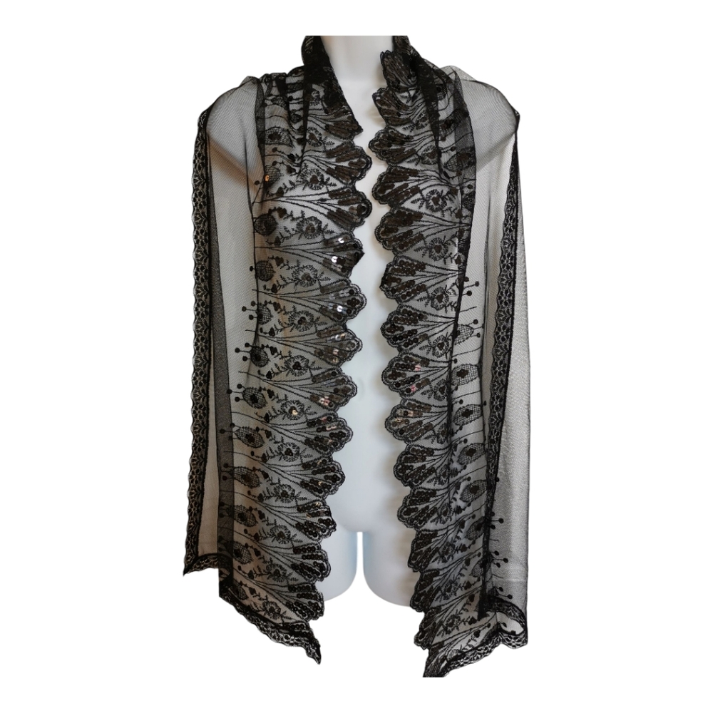 NWT Sheer Mesh Black Lace And Sequin Scarf shawl classic - Picture 3 of 3